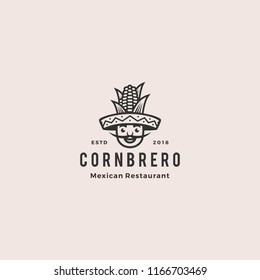 Sombrero Hat Corn Mexican Restaurant Logo Mascot Hipster Vintage Retro Character Cartoon Illustration