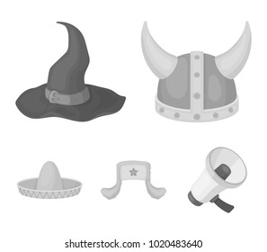 Sombrero, hat with ear-flaps, helmet of the viking.Hats set collection icons in monochrome style vector symbol stock illustration web.