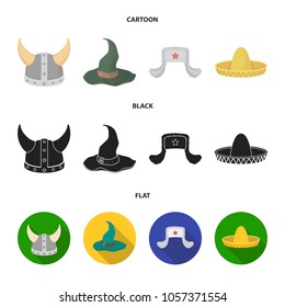 Sombrero, hat with ear-flaps, helmet of the viking.Hats set collection icons in cartoon,black,flat style vector symbol stock illustration web.