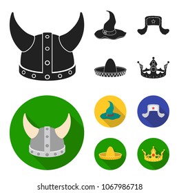 Sombrero, hat with ear-flaps, helmet of the viking.Hats set collection icons in black, flat style vector symbol stock illustration web.