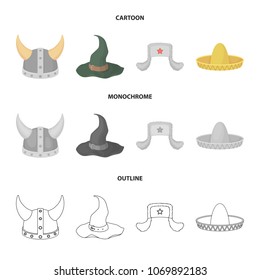 Sombrero, hat with ear-flaps, helmet of the viking.Hats set collection icons in cartoon,outline,monochrome style vector symbol stock illustration web.