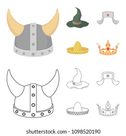 Sombrero, hat with ear-flaps, helmet of the viking.Hats set collection icons in cartoon,outline style vector symbol stock illustration web.