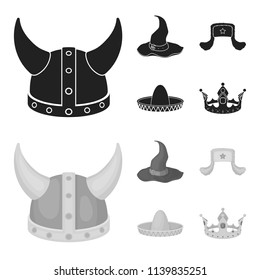 Sombrero, hat with ear-flaps, helmet of the viking.Hats set collection icons in black,monochrom style vector symbol stock illustration web.