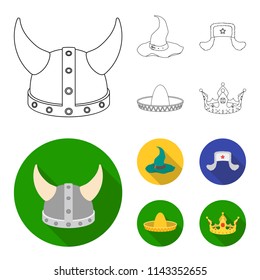 Sombrero, hat with ear-flaps, helmet of the viking.Hats set collection icons in outline,flat style vector symbol stock illustration web.