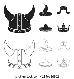Sombrero, hat with ear-flaps, helmet of the viking.Hats set collection icons in black,outline style vector symbol stock illustration web.