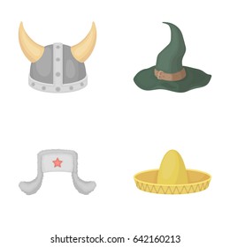 Sombrero, hat with ear-flaps, helmet of the viking.Hats set collection icons in cartoon style vector symbol stock illustration web.