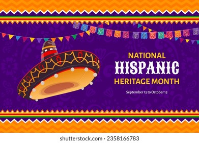 Sombrero hat and ethnic ornament on National Hispanic Heritage Month festival poster. Mexican National holiday celebration banner, latin culture festival background with sombrero and typography