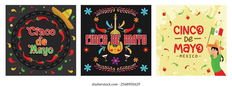 Sombrero hat, guitar, and red peppers.Federal holidays in Mexico. Traditional Mexican celebration. Cinco de Mayo concept. Set flat vector illustration.