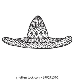 Sombrero hat, hand drawn doodle, sketch in woodcut style, black and white vector illustration