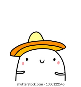 Sombrero hat hand drawn illustration with cute marshmallow cartoon minimalism