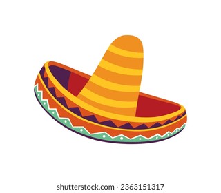 Sombrero hat, isolated mexican traditional headwear with ornaments and geometric patterns. Cap for wearing on head protecting from sun and creating shade. Classic clothes. Vector in flat style
