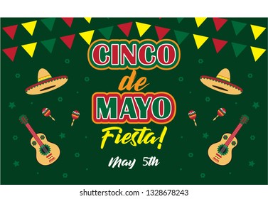 Sombrero Hat, Maraca, Guitar, Bunting, Fiesta and Cinco De Mayo Text of Mexican Holiday Festive Signs Icon Set Element Culture in Green Background. Design for greetings, banners and invitations.