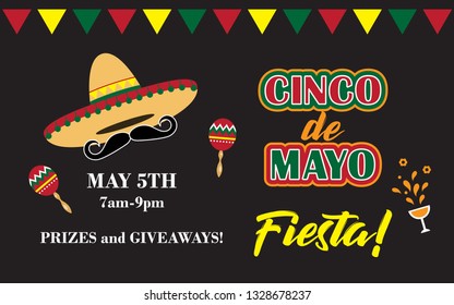 Sombrero Hat, Maraca, Mustache, Bunting, Fiesta and Cinco De Mayo Text of Mexican Holiday Festive Signs Icon Set Element Culture in Black Background. Design for greetings, banners and invitations.