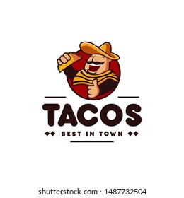 sombrero hat mexican holding taco mexican restaurant logo mascot hipster vintage retro character cartoon illustration on white background