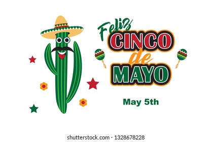 Sombrero Hat, Mustache, Maraca, Cactus Man and Cinco De Mayo Text of Mexican Holiday Festive Signs Icon Set Element Culture. Vector illustration Icons. Design for greetings, banners and invitations.