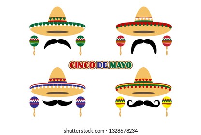 Sombrero Hat, Mustache, Maraca and Cinco De Mayo Text of Mexican Holiday Festive Signs Icon Set Element Culture. Vector illustration of Traditional Mexico Hats Icons