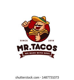 sombrero hat tacos mexican restaurant logo mascot hipster vintage retro character cartoon illustration