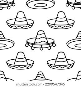 Sombrero hats doodle illustration seamless pattern. Vector hand drawn background of Mexican fiesta party and Cinco de Mayo holiday. 