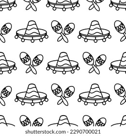 Sombrero hats and  Maracas doodle illustration seamless pattern. Vector hand drawn background of Mexican fiesta party and Cinco de Mayo holiday.