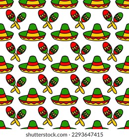 Sombrero hats and  Maracas doodle illustration seamless pattern. Vector hand drawn background of Mexican fiesta party and Cinco de Mayo holiday.