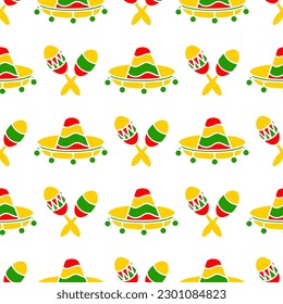 Sombrero hats and Maracas doodle illustration seamless pattern. Vector hand drawn background of Mexican fiesta party and Cinco de Mayo holiday.