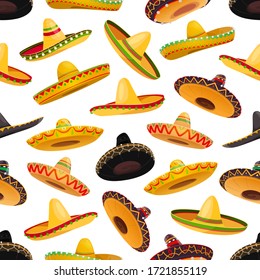 Sombrero Hats Seamless Pattern. Vector Background Of Mexican Fiesta Party And Cinco De Mayo Holiday With Mariachi Musician Sombrero Hats With Wide Brims, Ball Fringe And Colorful Ethnic Ornaments