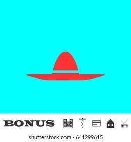 Sombrero icon flat. Red pictogram on blue background. Vector illustration symbol and bonus buttons Music center, corkscrew, credit card, house, drum