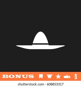 Sombrero icon flat. White pictogram on black background. Vector illustration symbol and bonus button tooth, vase, star, mirror, bottle