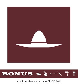 Sombrero icon flat. White pictogram on brown background. Vector illustration symbol and bonus icons