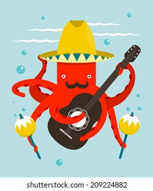 Sombrero Macho Moustache Octopus Playing Guitar. Underwater Mexican guitarist. Vector layered EPS8 illustration.