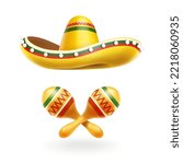 Sombrero and maracas. Cinco De Mayo. Mexican hat and maraca. Vector