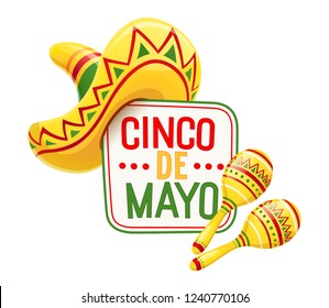 Sombrero And Maracas For Cinco De Mayo Celebration. Mexicano Ethnic Symbols For National Mexico Holiday. Isolated White Background. EPS10 Vector Illustration.
