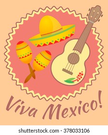 Sombrero, maracas and guitar on the poster Viva Mexico