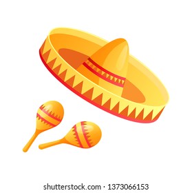 Sombrero and maracas isolated icons. Vector Cinco de Mayo holiday symbols. Mexican musical instrument and Mexico hat, national event celebration attributes