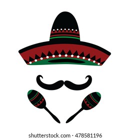 Sombrero maracas and mustache. EPS 10 vector.