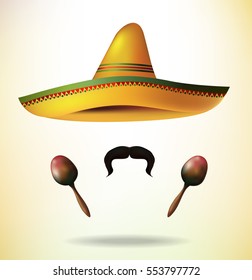 Sombrero maracas e bigode. Sombrero Hat. vetor