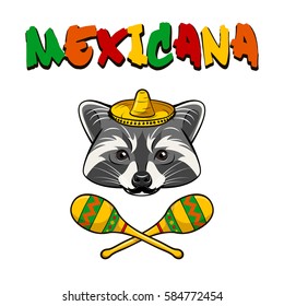 Sombrero maracas raccoon print. Mexicana. Cute design element for t-shirt, posters, decoration. Vector illustration.