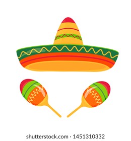 Sombrero and maracas vector isolated on white background