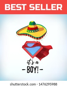 Sombrero Mexican hat. Its a boy in vintage style. Comic style. Cartoon Vector illustration.