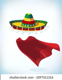 Sombrero Mexican hat. Masquerade costume headdress. Carnival or Halloween mask. Cartoon mascot Vector illustration. Funny super hero flying with cloak.