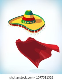 Sombrero Mexican hat. Masquerade costume headdress. Carnival or Halloween mask. Cartoon mascot Vector illustration. Funny super hero flying with cloak.