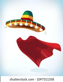 Sombrero Mexican hat. Masquerade costume headdress. Carnival or Halloween mask. Cartoon mascot Vector illustration. Funny super hero flying with cloak.