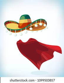 Sombrero Mexican hat. Masquerade costume headdress. Carnival or Halloween mask. Cartoon Vector illustration. Funny super hero flying with cloak. Funny super hero flying with cloak. 