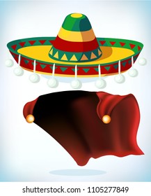 Sombrero Mexican hat. Masquerade costume headdress. Carnival or Halloween mask. Cartoon mascot Vector illustration. Funny super hero flying with cloak.