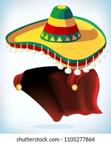 Sombrero Mexican hat. Masquerade costume headdress. Carnival or Halloween mask. Cartoon mascot Vector illustration. Funny super hero flying with cloak.