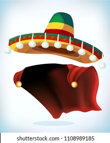 Sombrero Mexican hat. Masquerade costume headdress. Carnival or Halloween mask. Cartoon mascot Vector illustration. Funny super hero flying with cloak