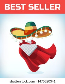 Sombrero Mexican hat. Masquerade costume headdress. Carnival or Halloween mask. Cartoon Vector illustration. Red cape
