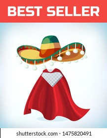 Sombrero Mexican hat. Masquerade costume headdress. Carnival or Halloween mask. Cartoon Vector illustration. Red cape