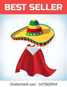 Sombrero Mexican hat. Masquerade costume headdress. Carnival or Halloween mask. Cartoon Vector illustration. Red cape