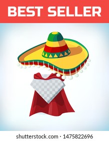 Sombrero Mexican hat. Masquerade costume headdress. Carnival or Halloween mask. Cartoon Vector illustration. Red cape